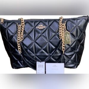 Coach Black Quilted Leather Tote with Gold Chain Straps